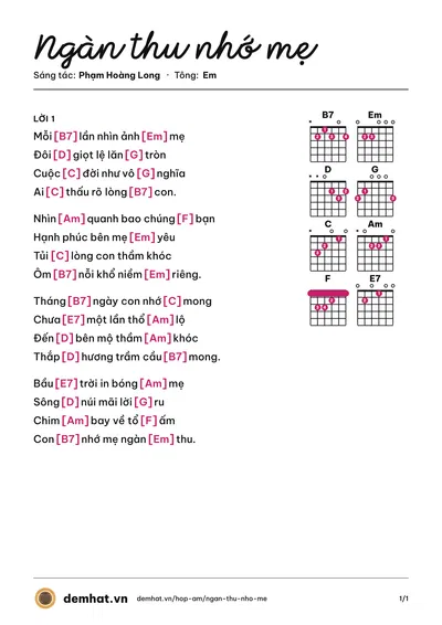 Hợp âm Ngàn thu nhớ mẹ (Phạm Hoàng Long) – bản nhạc PDF trang 1, tông Em