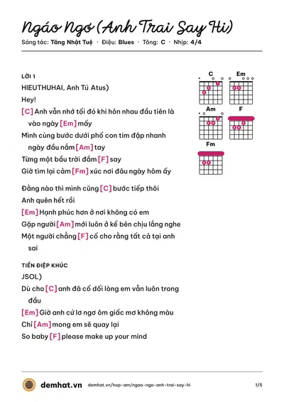 Hợp âm Ngáo Ngơ (Anh Trai Say Hi) (HIEUTHUHAI) – bản nhạc PDF trang 1, tông C