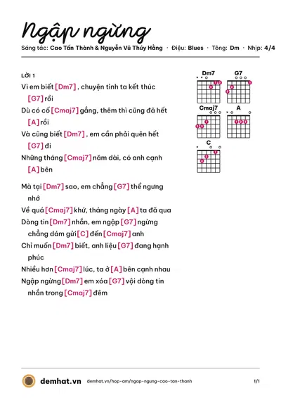 Hợp âm Ngập ngừng (Hằng ssi) – bản nhạc PDF trang 1, tông Dm