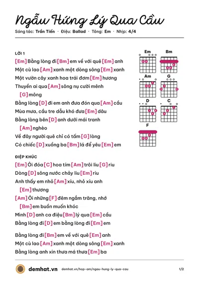 Hợp âm Ngẫu Hứng Lý Qua Cầu (Quang Linh) – bản nhạc PDF trang 1, tông Em