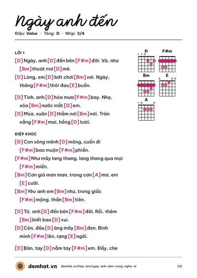 Hợp âm Ngày anh đến – bản nhạc PDF trang 1, tông D
