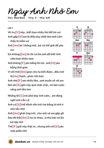 Hợp âm Ngày Anh Nhớ Em (Ron) – bản nhạc PDF trang 1, tông C