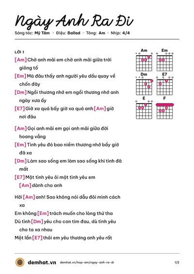 Hợp âm Ngày Anh Ra Đi (Mỹ Tâm) – bản nhạc PDF trang 1, tông Am