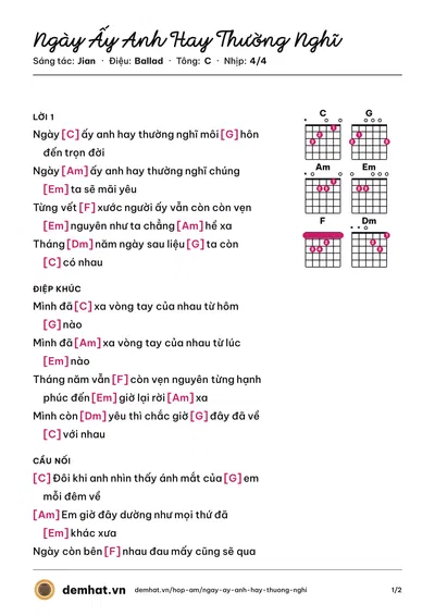 Hợp âm Ngày Ấy Anh Hay Thường Nghĩ (Jian) – bản nhạc PDF trang 1, tông C