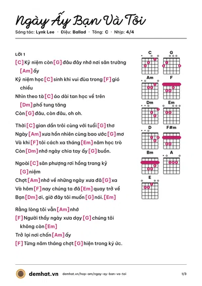 Hợp âm Ngày Ấy Bạn Và Tôi (Lynk Lee) – bản nhạc PDF trang 1, tông C