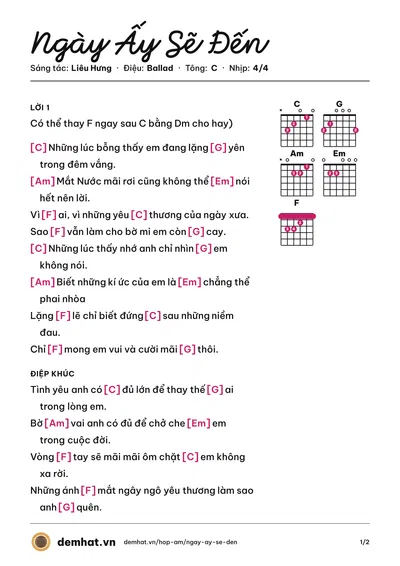 Hợp âm Ngày Ấy Sẽ Đến (Hồ Quang Hiếu) – bản nhạc PDF trang 1, tông C