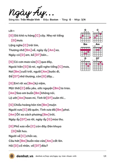 Hợp âm Ngày Ấy... (Vũ Ngọc Vinh) – bản nhạc PDF trang 1, tông G