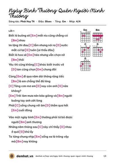 Hợp âm Ngày Bình Thường Quên Người Mình Thương (Phát Huy T4) – bản nhạc PDF trang 1, tông Em