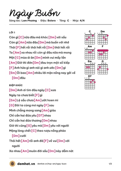 Hợp âm Ngày Buồn (Đàm Vĩnh Hưng) – bản nhạc PDF trang 1, tông C