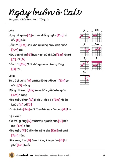 Hợp âm Ngày buồn ở Cali (Châu Đình An) – bản nhạc PDF trang 1, tông G