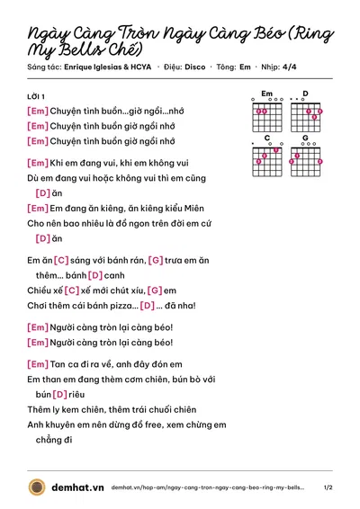 Hợp âm Ngày Càng Tròn Ngày Càng Béo (Ring My Bells Chế) (Nhóm Hài Kịch Nghiệp Dư HCYA) – bản nhạc PDF trang 1, tông Em