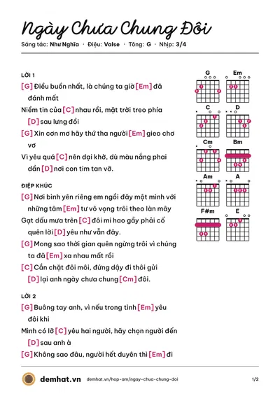 Hợp âm Ngày Chưa Chung Đôi (Như Nghĩa) – bản nhạc PDF trang 1, tông G