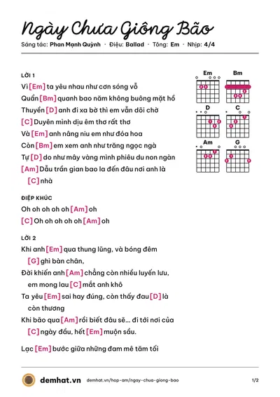 Hợp âm Ngày Chưa Giông Bão (Bùi Lan Hương) – bản nhạc PDF trang 1, tông Em