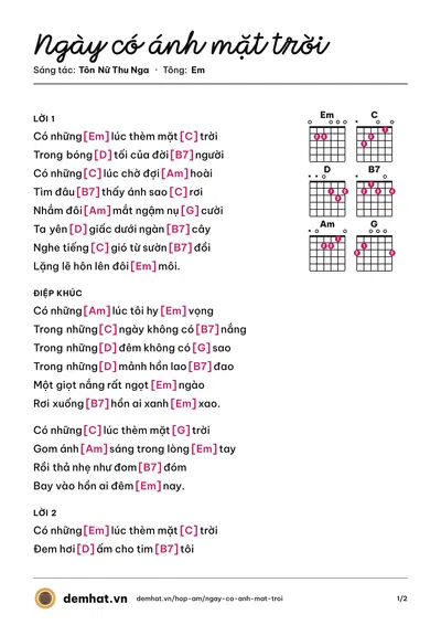 Hợp âm Ngày có ánh mặt trời (Nguyễn Hồng Ân) – bản nhạc PDF trang 1, tông Em