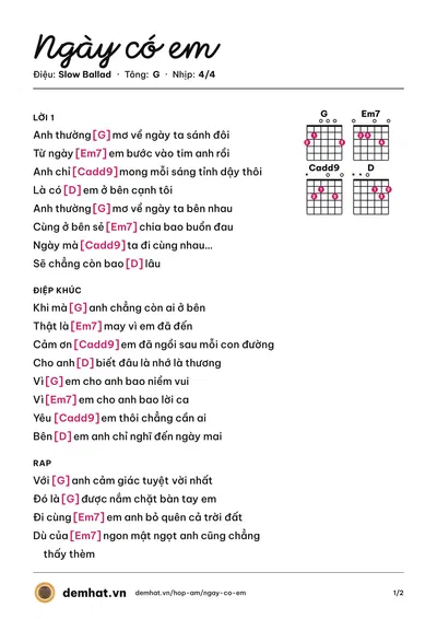 Hợp âm Ngày có em (Dũng Zest) – bản nhạc PDF trang 1, tông G