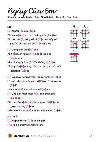 Hợp âm Ngày Của Em (Nguyên Jenda) – bản nhạc PDF trang 1, tông C