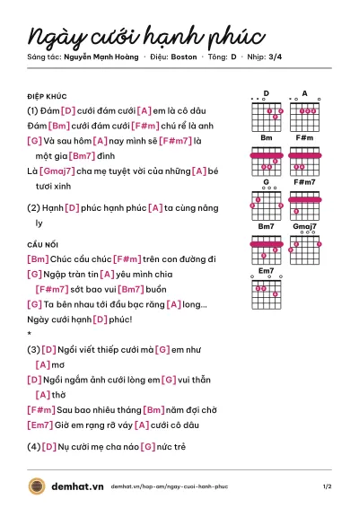 Hợp âm Ngày cưới hạnh phúc (Little V Cẩm Vân) – bản nhạc PDF trang 1, tông D