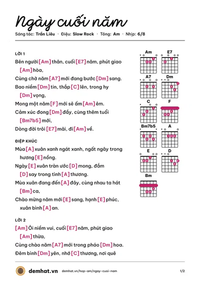 Hợp âm Ngày cuối năm (Nguyễn Dũng) – bản nhạc PDF trang 1, tông Am