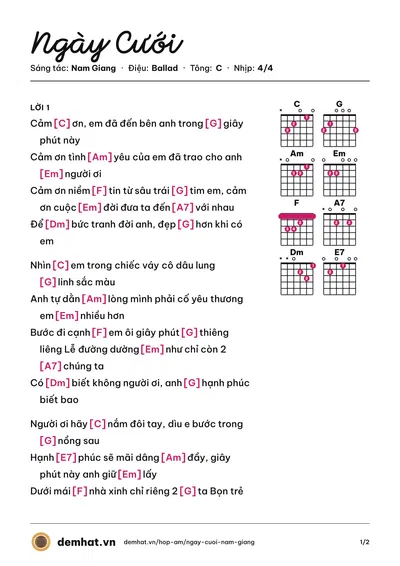 Hợp âm Ngày Cưới (Trung Vũ) – bản nhạc PDF trang 1, tông C