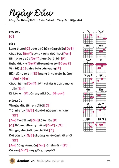 Hợp âm Ngày Đầu (Dương Thái) – bản nhạc PDF trang 1, tông C