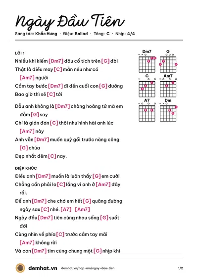 Hợp âm Ngày Đầu Tiên (Đức Phúc) – bản nhạc PDF trang 1, tông C