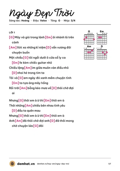 Hợp âm Ngày Đẹp Trời (Hoèng) – bản nhạc PDF trang 1, tông G
