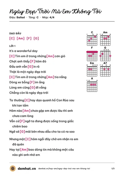 Hợp âm Ngày Đẹp Trời Mà Em Không Tới (Hồ Đông Quan) – bản nhạc PDF trang 1, tông C