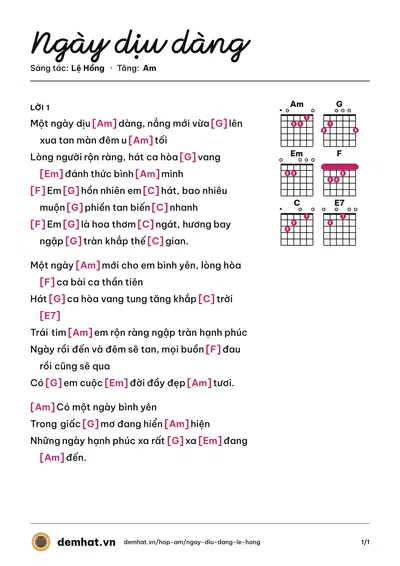 Hợp âm Ngày dịu dàng (Lệ Hồng) – bản nhạc PDF trang 1, tông Am