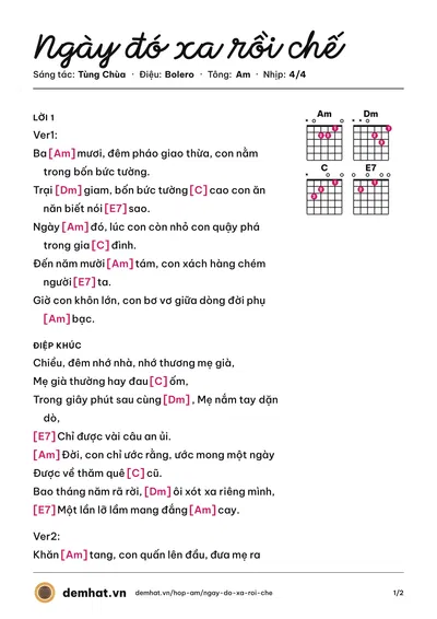 Hợp âm Ngày đó xa rồi chế (Tùng Chùa) – bản nhạc PDF trang 1, tông Am