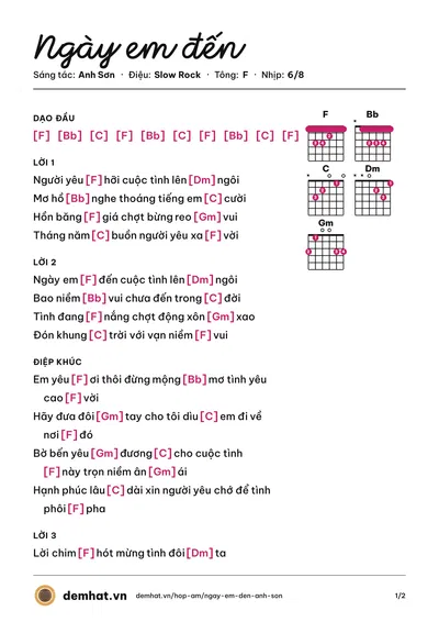 Hợp âm Ngày em đến (Anh Sơn) – bản nhạc PDF trang 1, tông F