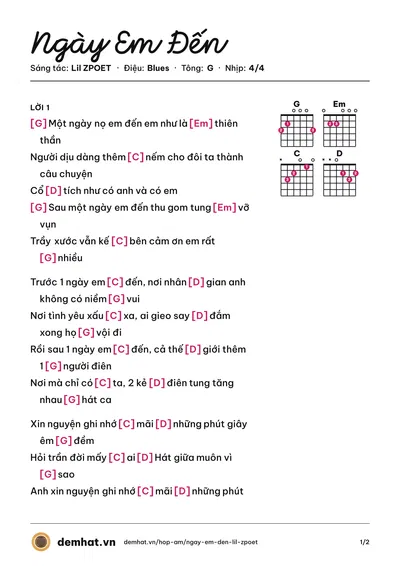 Hợp âm Ngày Em Đến (Lil ZPOET) – bản nhạc PDF trang 1, tông G