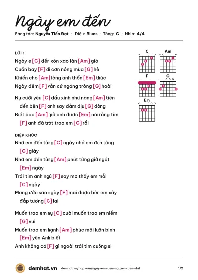 Hợp âm Ngày em đến (Nguyễn Tiến Đạt) – bản nhạc PDF trang 1, tông C