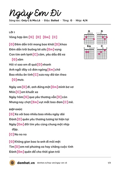Hợp âm Ngày Em Đi (Only C) – bản nhạc PDF trang 1, tông G