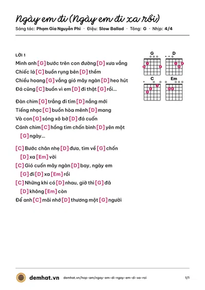 Hợp âm Ngày em đi (Ngày em đi xa rồi) (Phạm Gia Nguyễn Phi) – bản nhạc PDF trang 1, tông G