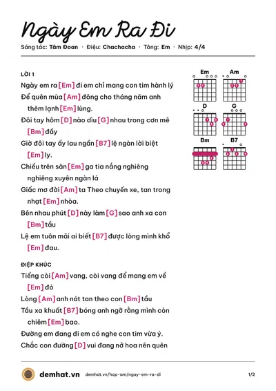 Hợp âm Ngày Em Ra Đi (Tâm Đoan) – bản nhạc PDF trang 1, tông Em