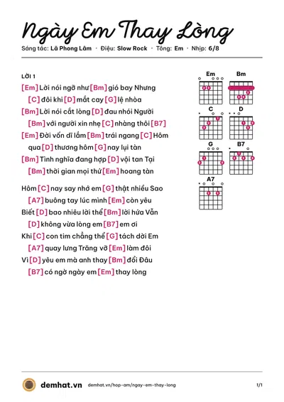Hợp âm Ngày Em Thay Lòng (Lã Phong Lâm) – bản nhạc PDF trang 1, tông Em