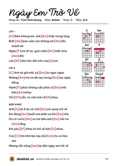 Hợp âm Ngày Em Trở Về (Trịnh Đình Quang) – bản nhạc PDF trang 1, tông C