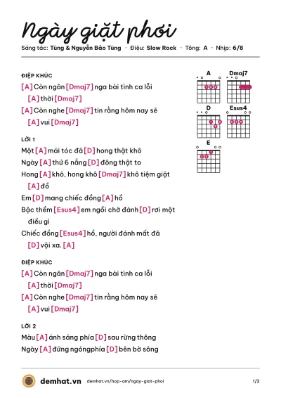 Hợp âm Ngày giặt phơi (Tùng) – bản nhạc PDF trang 1, tông A