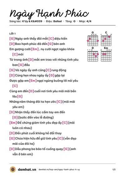 Hợp âm Ngày Hạnh Phúc (Y chun) – bản nhạc PDF trang 1, tông G