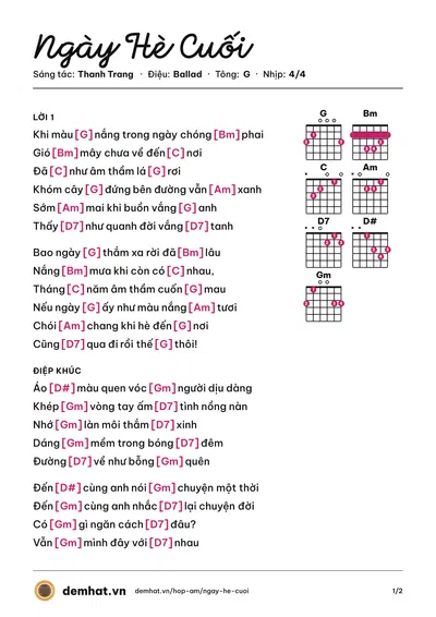 Hợp âm Ngày Hè Cuối (Vũ Trung Hiền) – bản nhạc PDF trang 1, tông G