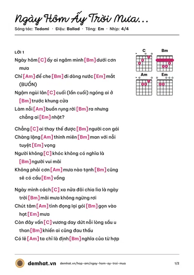 Hợp âm Ngày Hôm Ấy Trời Mưa... (Tedomi) – bản nhạc PDF trang 1, tông Em