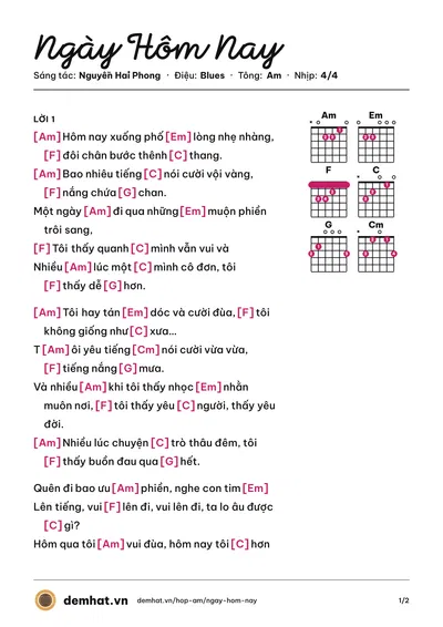 Hợp âm Ngày Hôm Nay (Lam Trường) – bản nhạc PDF trang 1, tông Am