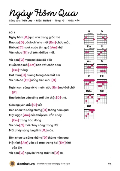 Hợp âm Ngày Hôm Qua (Bức Tường) – bản nhạc PDF trang 1, tông G