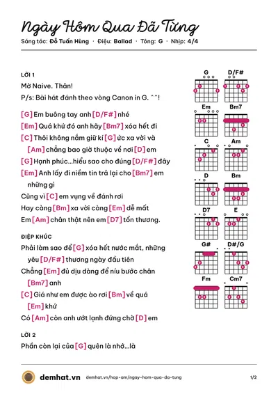 Hợp âm Ngày Hôm Qua Đã Từng (Trần Hà My) – bản nhạc PDF trang 1, tông G
