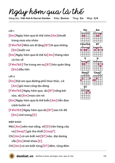 Hợp âm Ngày hôm qua là thế (Quang Dũng) – bản nhạc PDF trang 1, tông Em