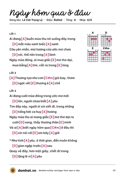 Hợp âm Ngày hôm qua ở đâu (Lê Cát Trọng Lý) – bản nhạc PDF trang 1, tông A