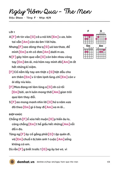 Hợp âm Ngày Hôm Qua - The Men (The Men) – bản nhạc PDF trang 1, tông F