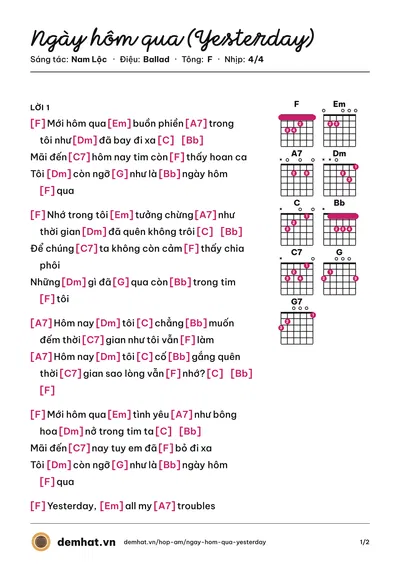 Hợp âm Ngày hôm qua (Yesterday) (Nam Lộc) – bản nhạc PDF trang 1, tông F