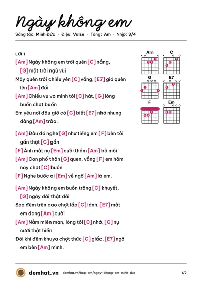 Hợp âm Ngày không em (Thùy Chi) – bản nhạc PDF trang 1, tông Am