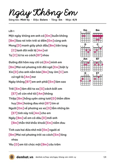 Hợp âm Ngày Không Em (Hồng Phượng) – bản nhạc PDF trang 1, tông Em